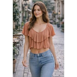 Ava Pink Swiss Dot Ruffle Off The Shoulder Crop Top Women's Size Small